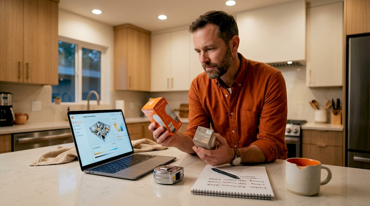 Man choosing lamp bulbs with notes and laptop