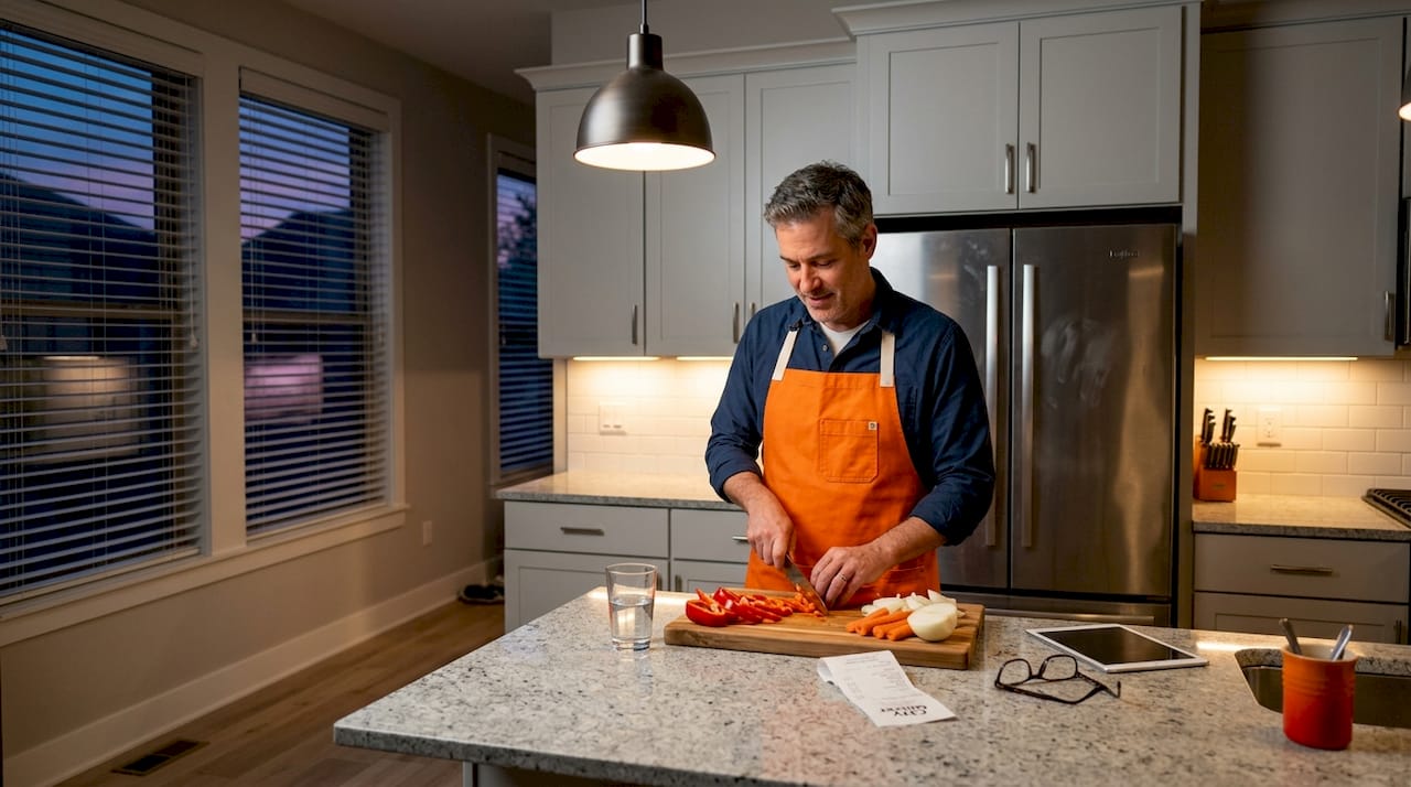 Man prepares food with layered kitchen lighting