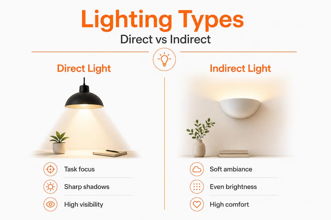 Infographic comparing direct and indirect lighting