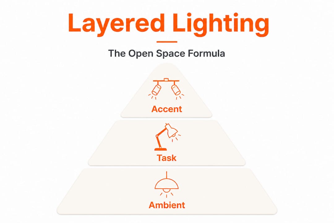 Infographic of layered lighting hierarchy for open spaces