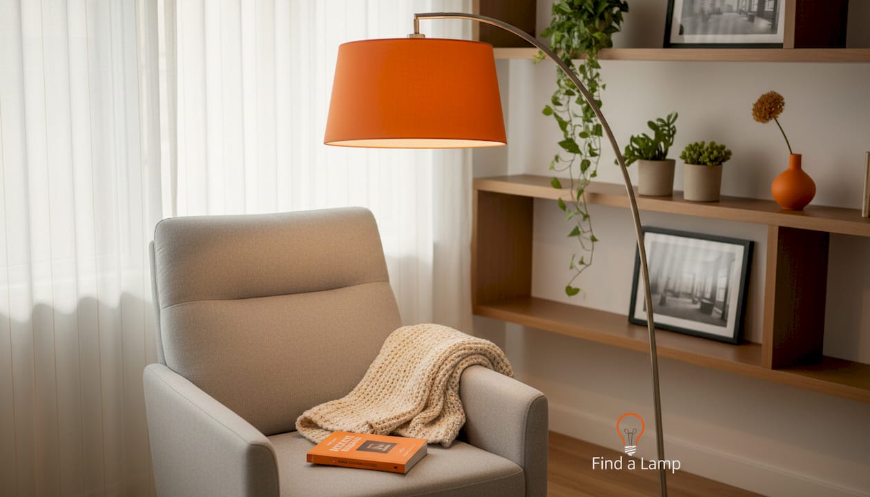 Arc floor lamp over chair with book and blanket