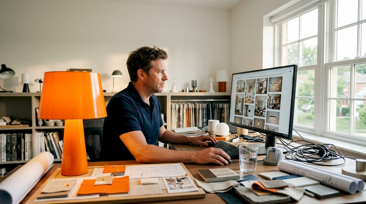 Designer reviewing room lighting styles on screen