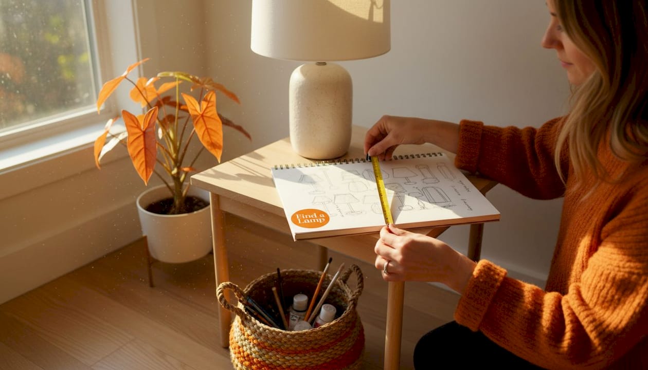 Measuring lamp base width with tape measure