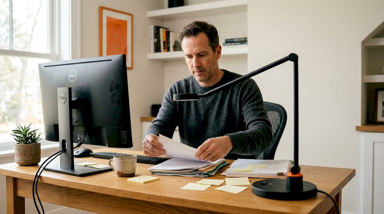 Man reduces glare by adjusting office lighting