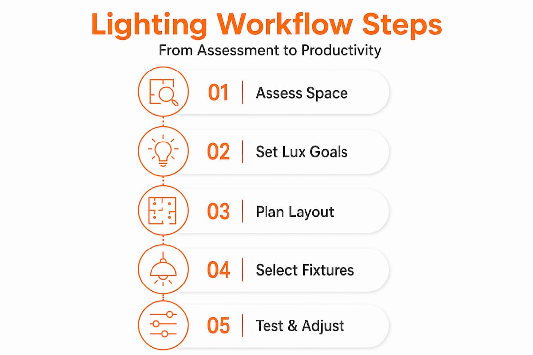 Infographic showing office lighting workflow steps