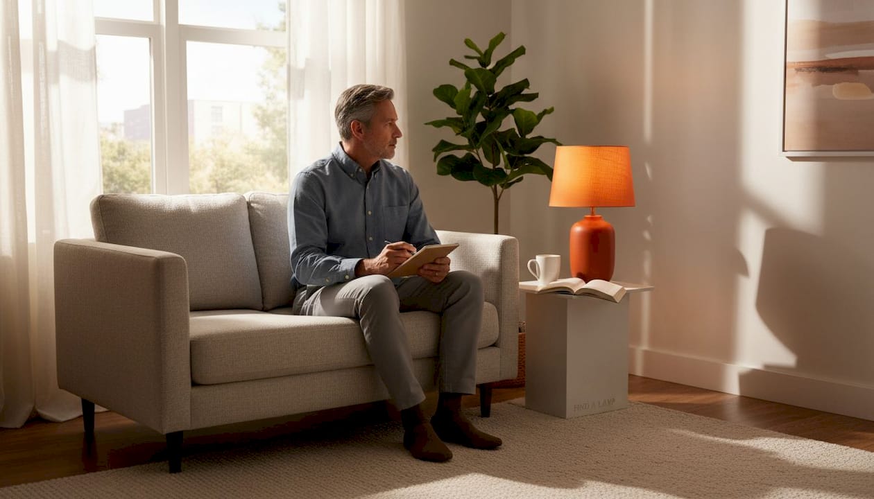 Man assessing living room lamp lighting