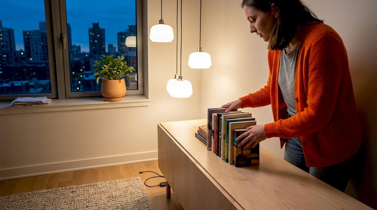 Clustered pendant lights in city apartment living room