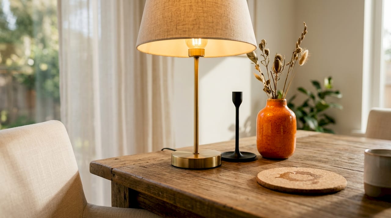 Close-up brass lamp, mixed finishes on sideboard