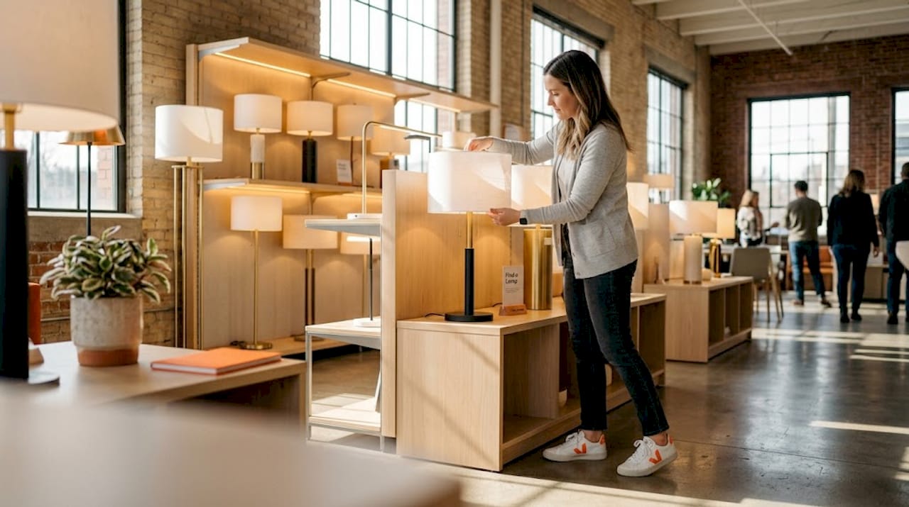 Showroom associate adjusting lamp in well-lit display