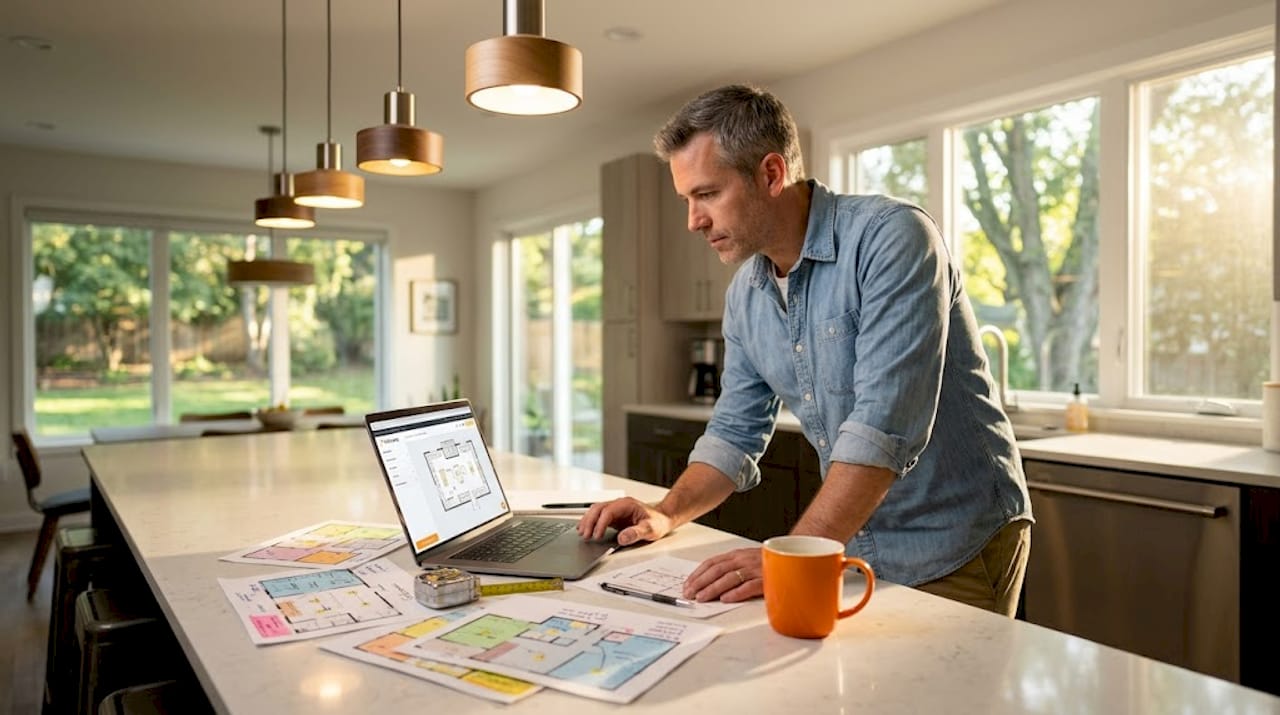 Homeowner reviewing kitchen lighting layout plans