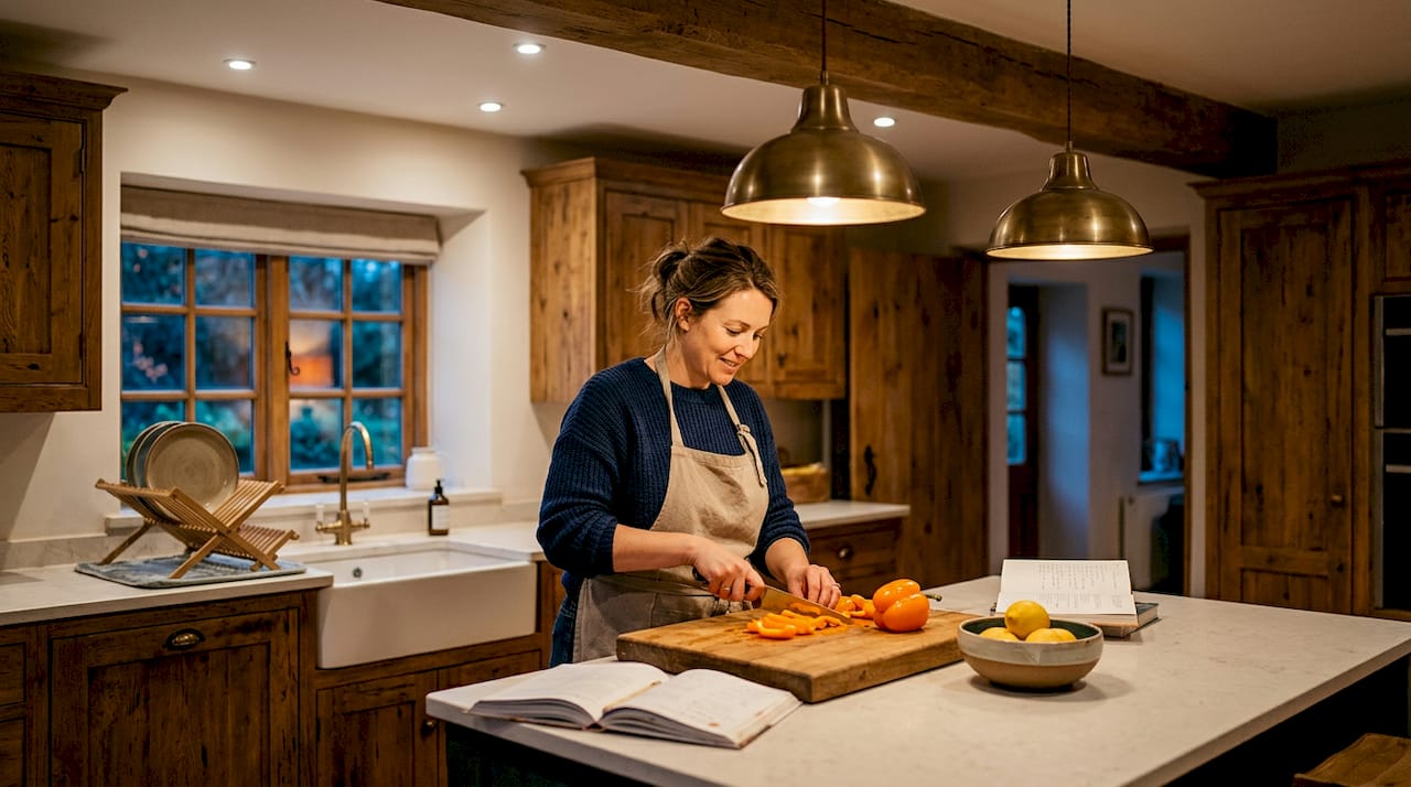 Homeowner prepping food in well-lit kitchen