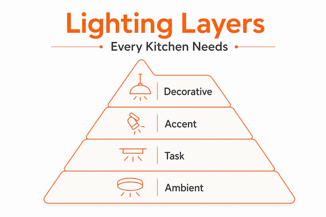 Infographic showing four kitchen lighting layers hierarchy