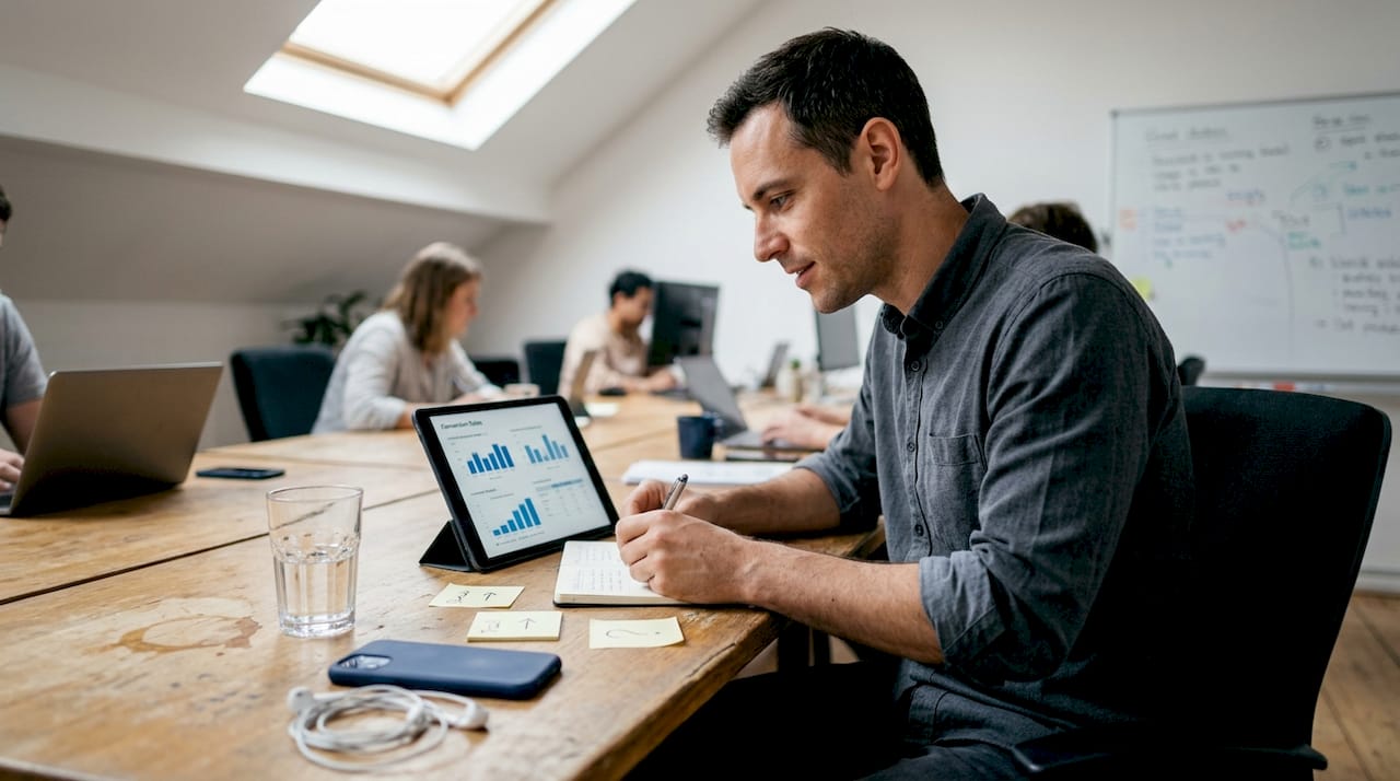 Marketer studying landing page performance stats