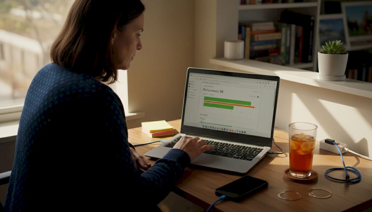 Woman reviewing PageSpeed Insights results at desk