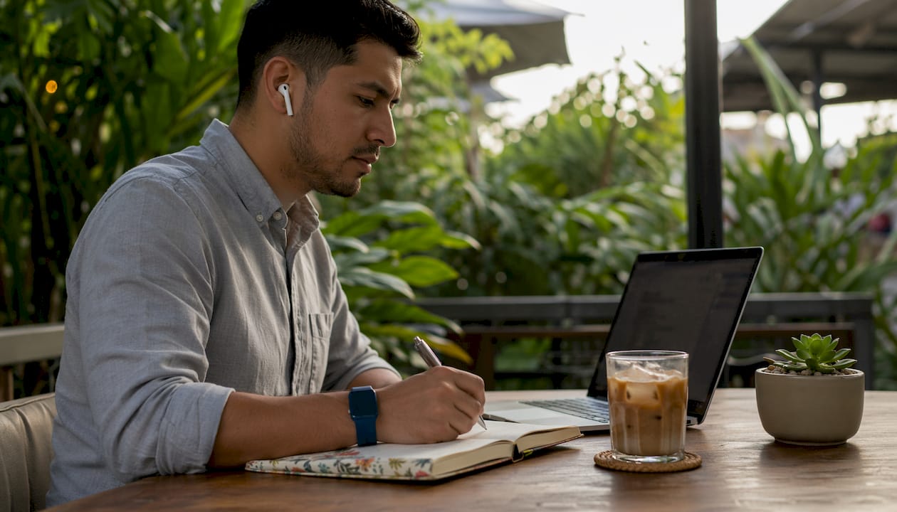 Side view of man working on CRM tasks at café