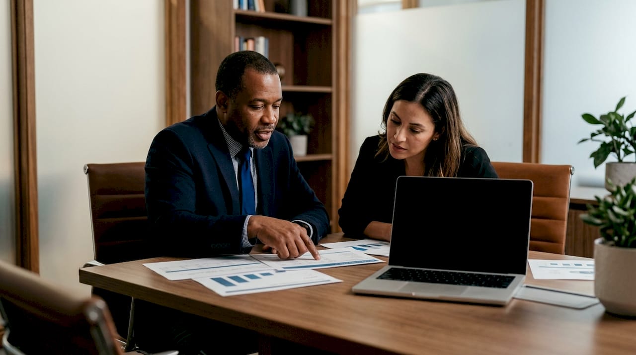 Bookkeeper consulting client with financial documents