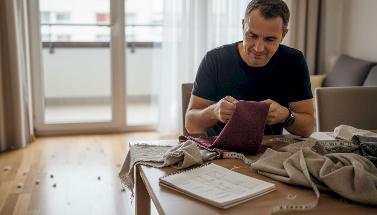 Un bărbat analizează diferite tipuri de materiale pentru draperii, încercând să găsească varianta potrivită pentru casa lui.