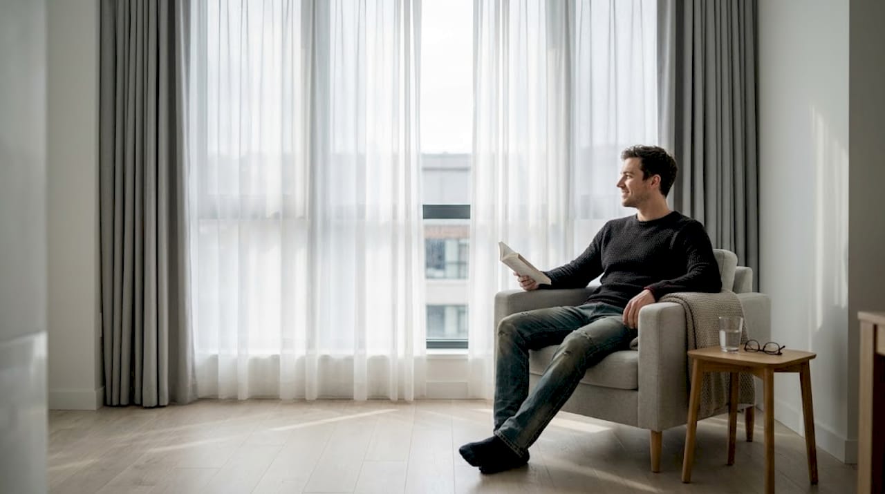 Draperii minimaliste într-un apartament modern, inundat de lumină naturală