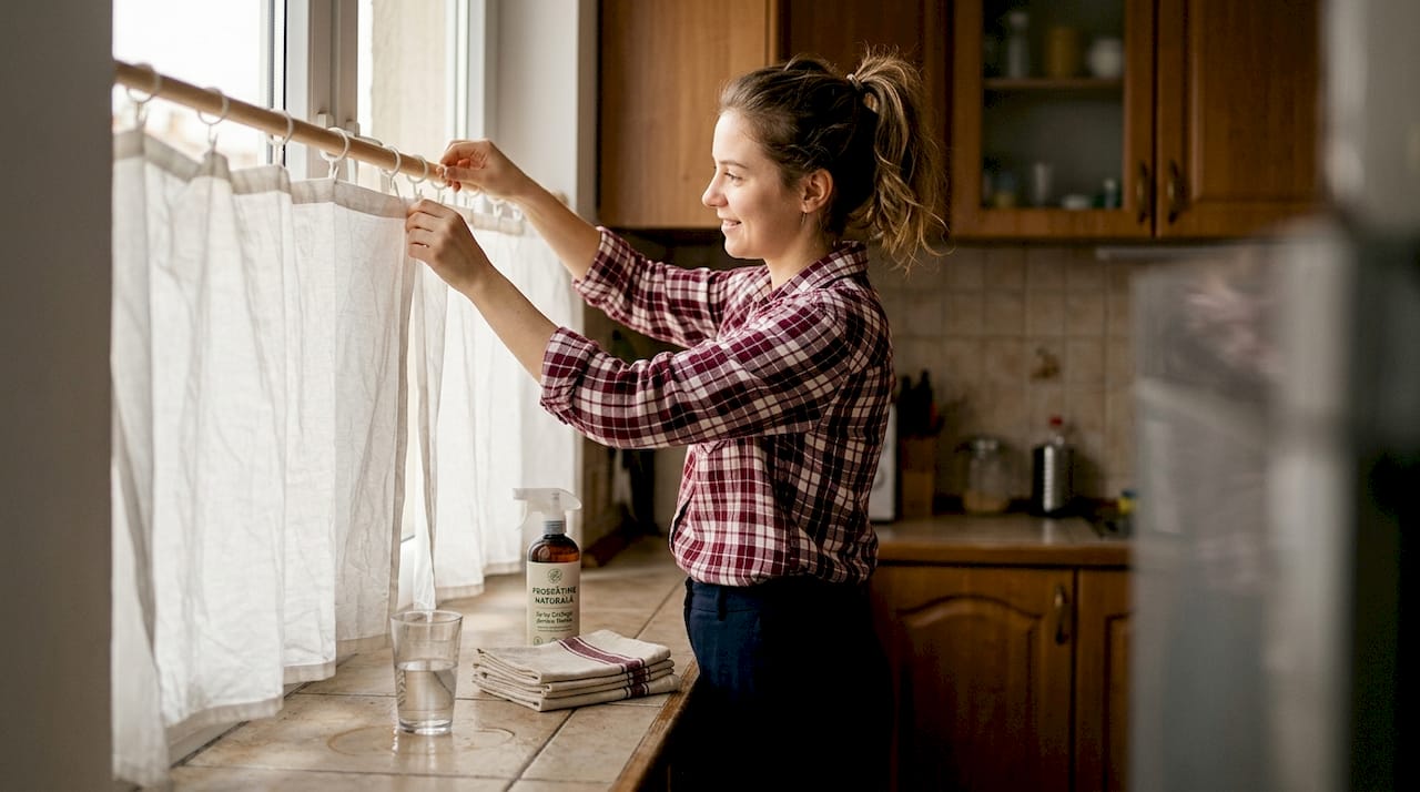 O femeie pune perdele albe de bumbac la geamurile din bucătărie.
