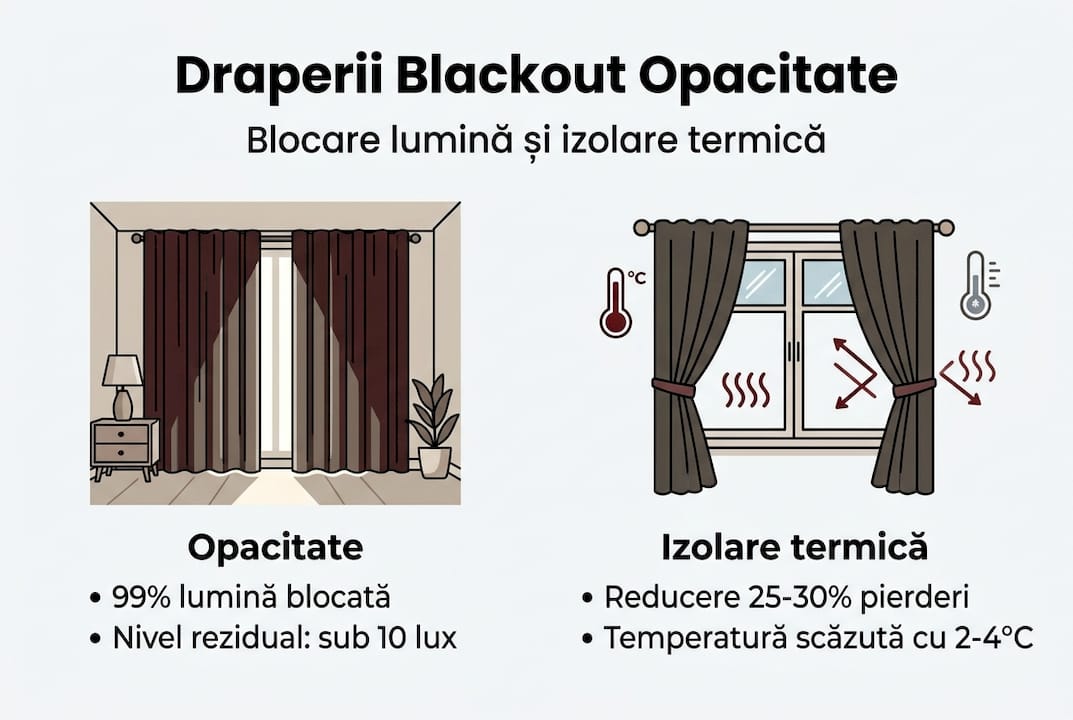 Infografic despre nivelul de opacitate și eficiența izolării termice oferite de draperiile blackout