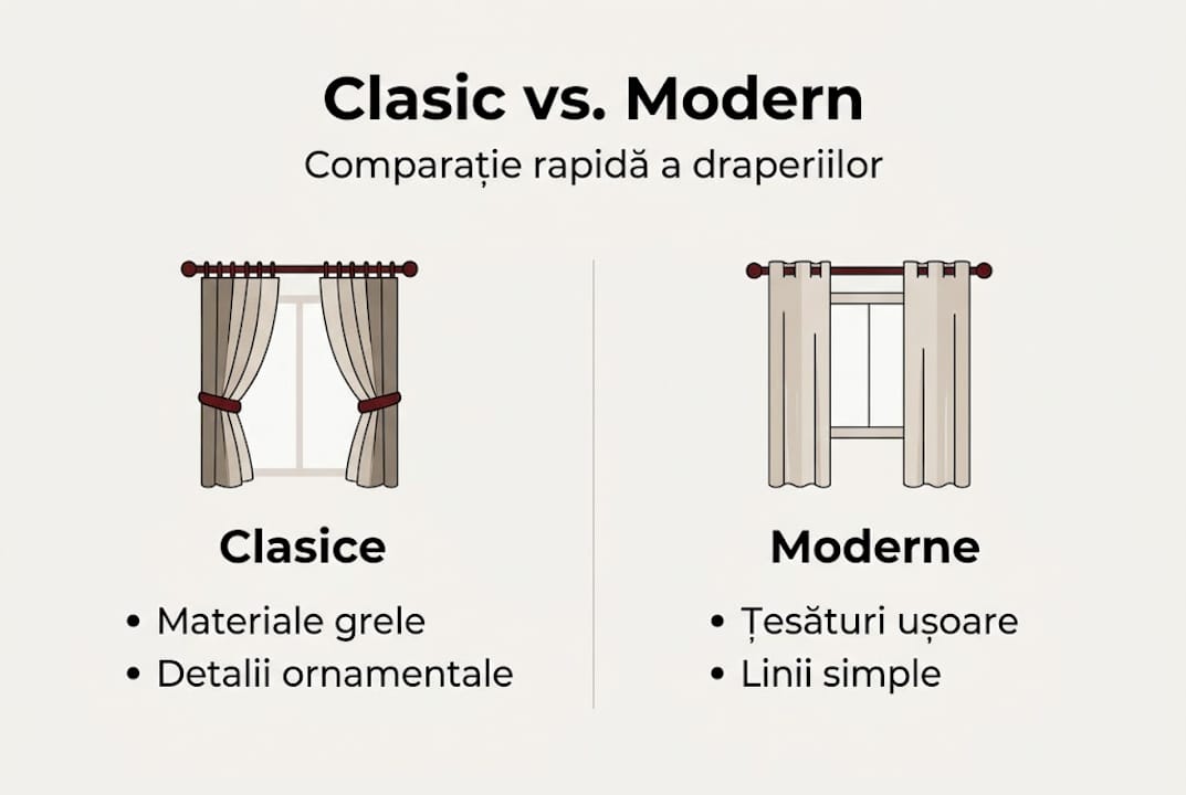 Infografic: diferențele esențiale dintre draperiile tradiționale și cele moderne