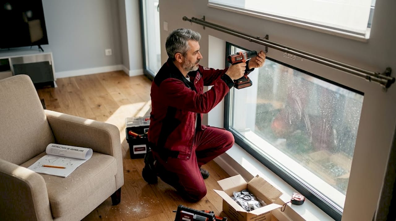 Meșterul montează șina pentru perdea în sufragerie.