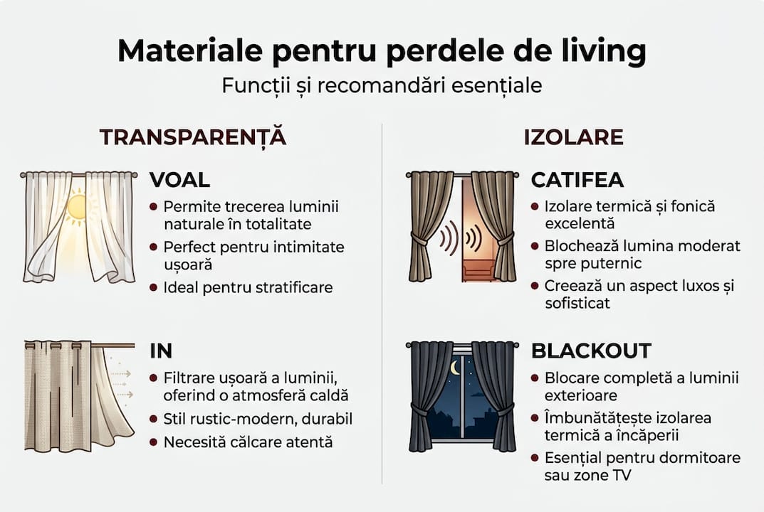Infografic: tipuri de materiale pentru perdele și avantajele fiecăruia