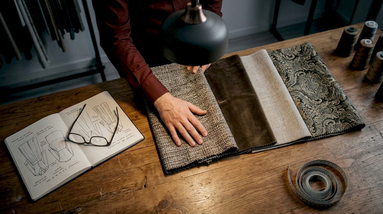 O mână răsfoiește mostre de materiale pentru perdele și draperii, analizând textura și culorile acestora.