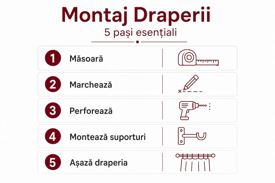 Ilustrație verticală care prezintă, pas cu pas, cum se montează draperiile