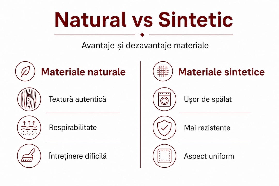 Infografic: Avantajele și dezavantajele materialelor naturale versus sintetice pentru perdele