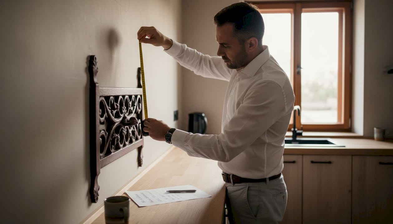 Un bărbat ia măsurători pentru a monta draperii în bucătărie.