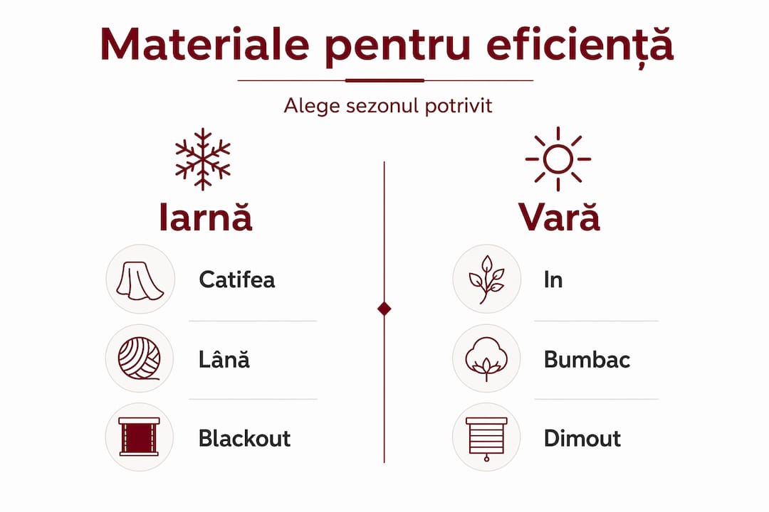 Descoperă, într-un infografic practic, cele mai potrivite materiale de draperie pentru fiecare anotimp – de la țesături ușoare pentru vară, până la variante groase și călduroase pentru sezonul rece.