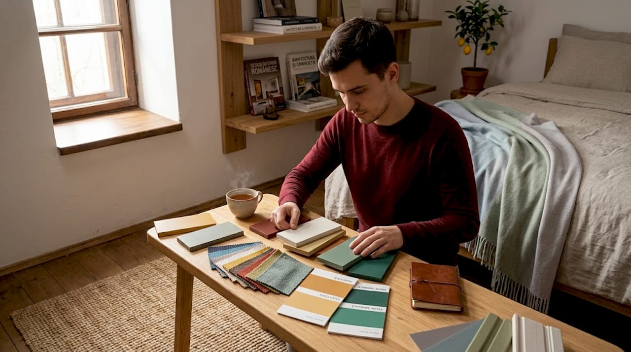 Un bărbat analizează mai multe mostre de materiale textile, încercând să aleagă cele potrivite pentru amenajarea dormitorului.