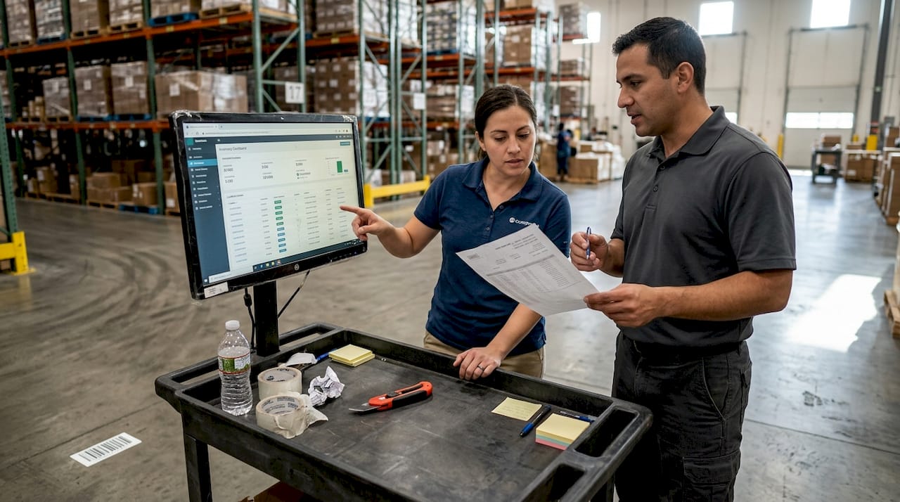 Employees using WMS workstation near warehouse racks