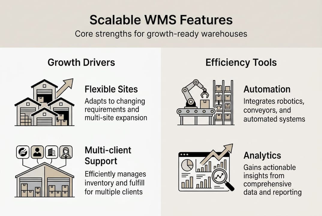 Infographic showing scalable WMS growth and features