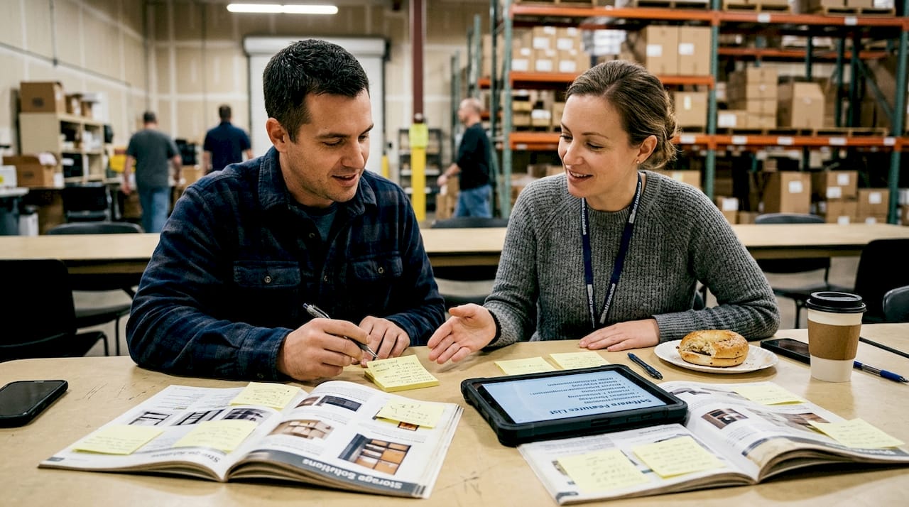 Coworkers comparing warehouse software features