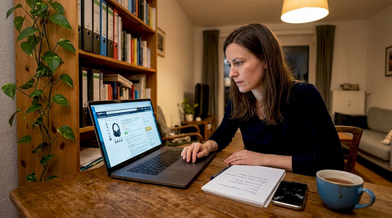 Eine Frau prüft ein Produktangebot auf Amazon ganz genau.