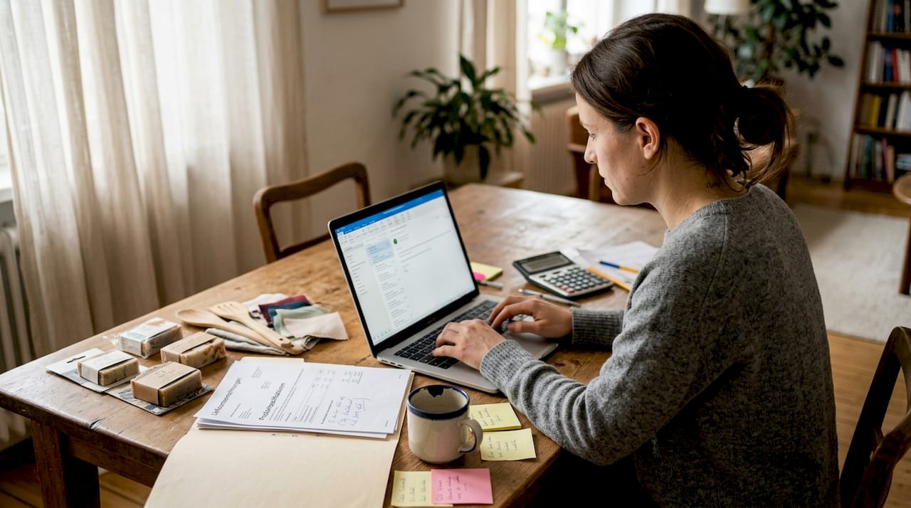 Eine Mitarbeiterin überprüft Muster der Produkte sowie die Unterlagen der Lieferanten.