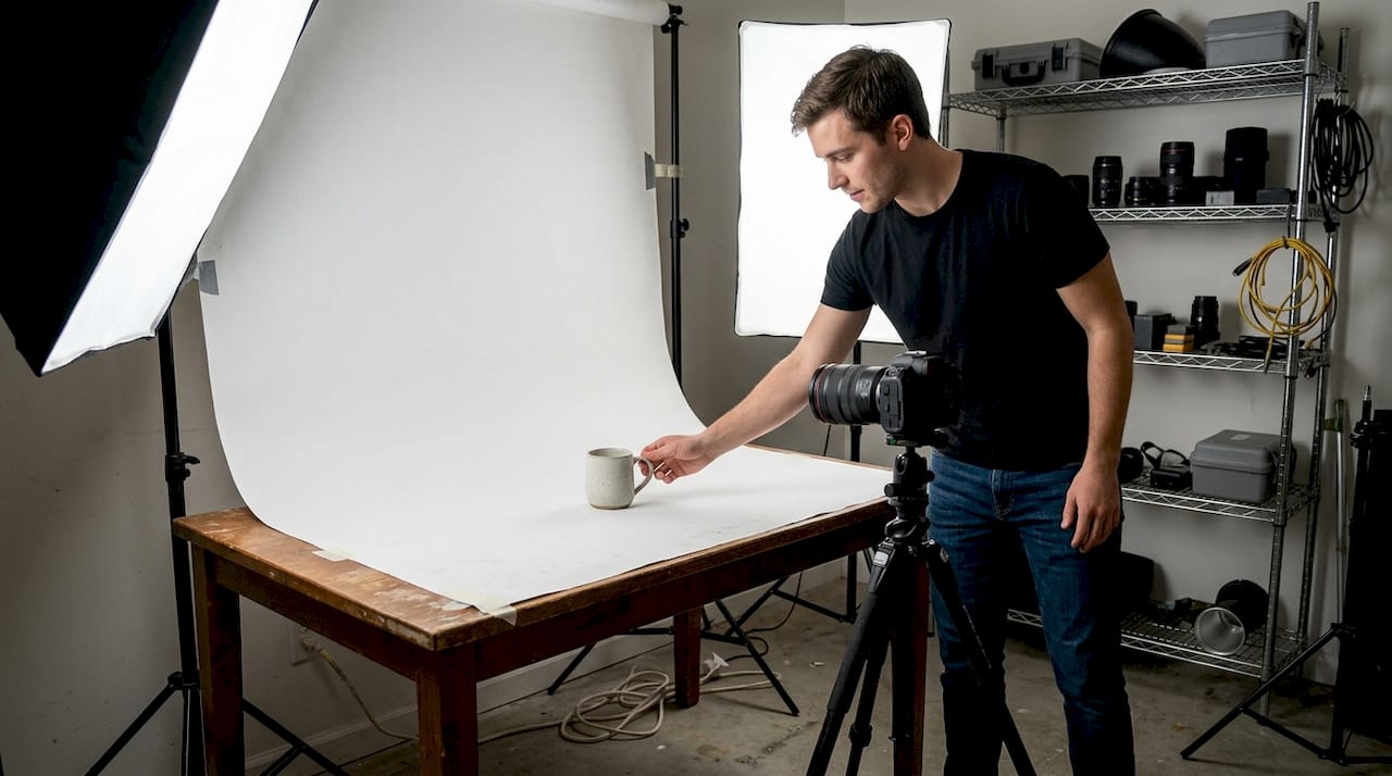 Ein Produktfotograf bereitet das Set mit einem weißen Hintergrund vor.