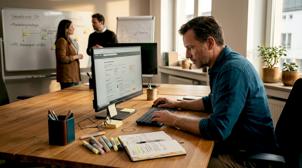 Ein Mitarbeiter pflegt am Schreibtisch im Büro die Produkteigenschaften in das System ein.