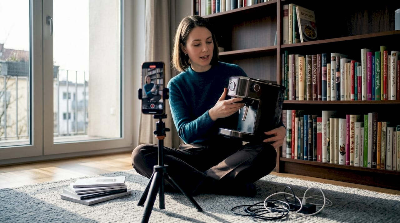 Eine Frau nimmt zu Hause ein Produktvideo auf.