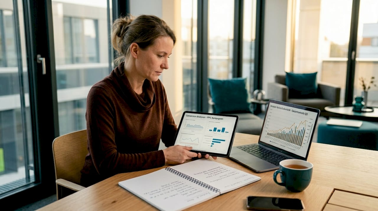 Eine Mitarbeiterin analysiert in ihrem Büro die Verkaufszahlen und Conversion-Daten ihres Amazon-Shops.