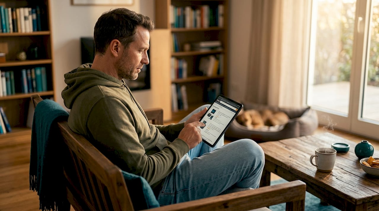 Ein Mann sitzt im Wohnzimmer und scrollt auf seinem Tablet durch die Produktfotos auf Amazon.