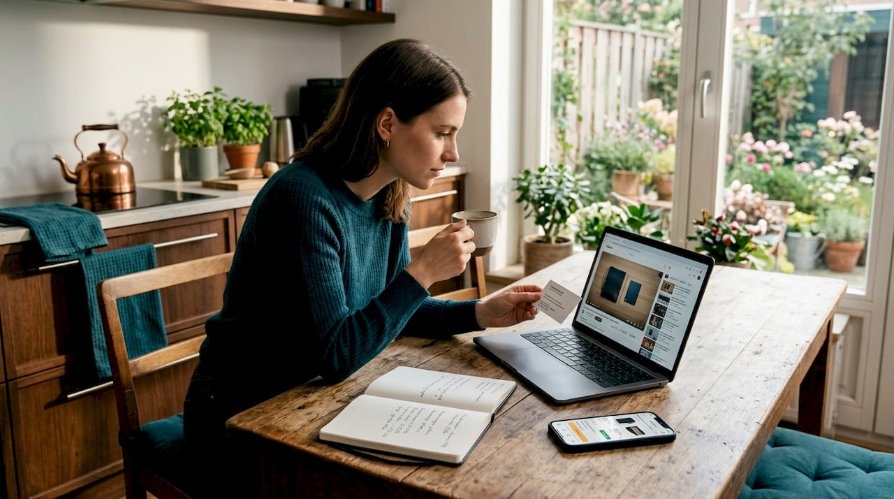Eine Frau informiert sich mithilfe von Online-Videos über verschiedene Produkte und vergleicht deren Vor- und Nachteile.