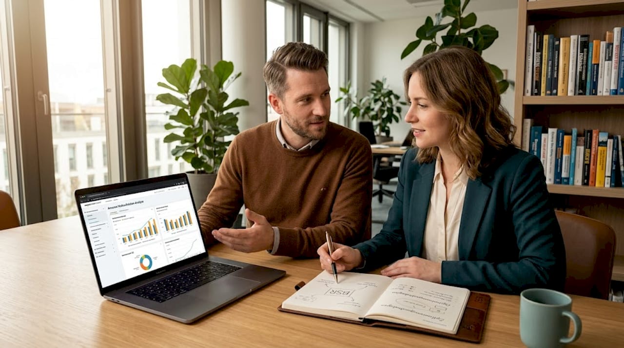 Ein Team tauscht sich im modernen Büro über die Analyse von Amazon-Daten aus.