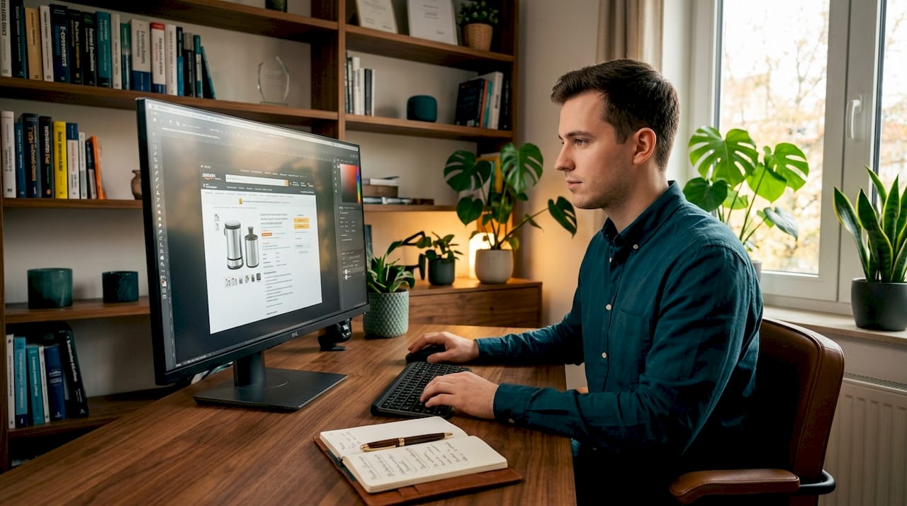 Ein Mann bearbeitet am Computer Fotos von Produkten.