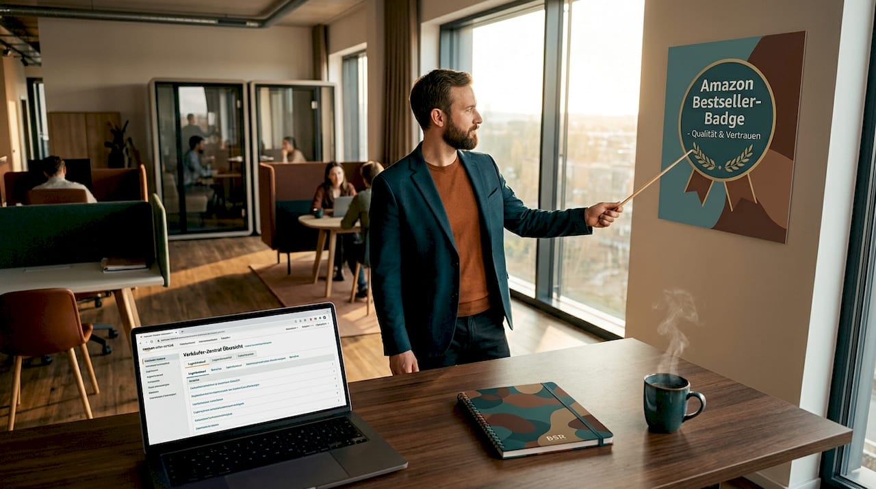 Ein Mann erläutert das Amazon-Bestseller-Siegel vor einer Wand mit Infografik.