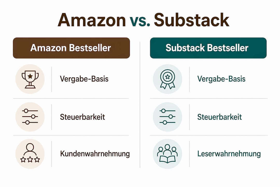 Übersicht: Bestseller-Auszeichnungen bei Amazon und Substack im direkten Vergleich