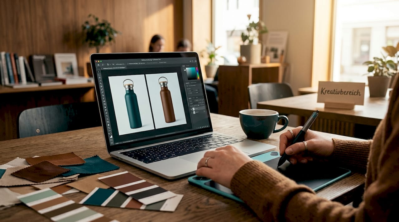Ein Designer bearbeitet verschiedene Produktbilder direkt am Laptop.