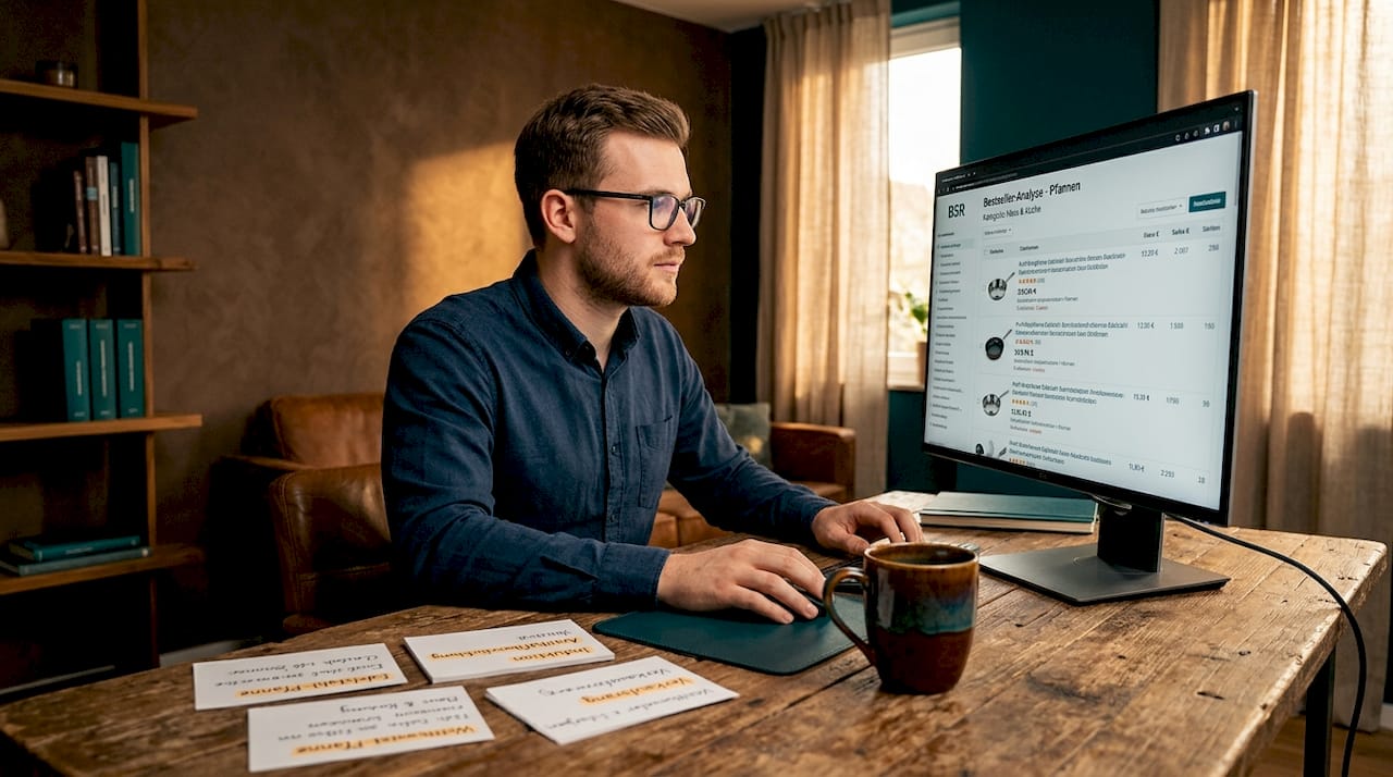 Ein Mann wirft einen genauen Blick auf die Bestseller-Listen, die auf seinem Computerbildschirm angezeigt werden.